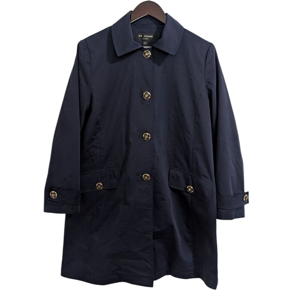 ST. JOHN Archival Navy Blue All-Weather Trench Coat SJ Gold Button Luxury Size M